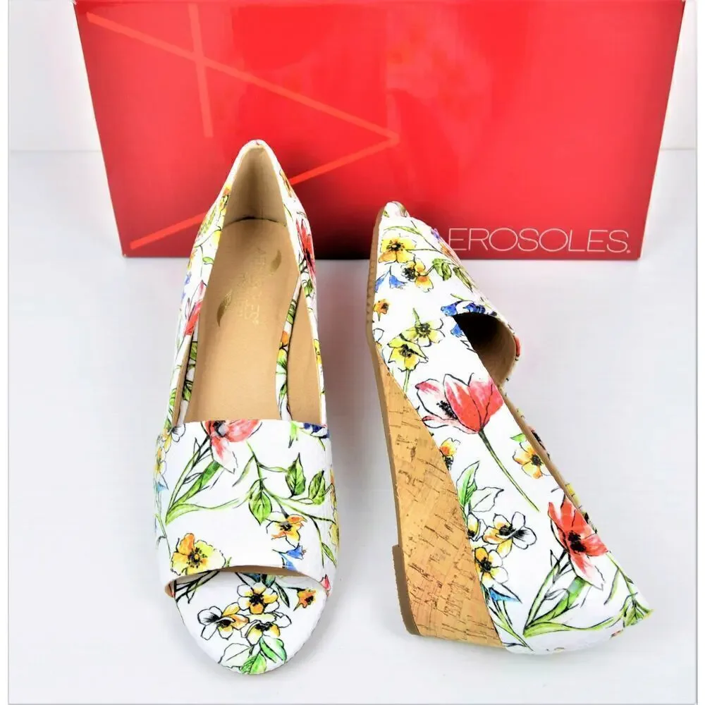 New! Aerosoles Textured Floral Print Cork Wedge Heel Comfort Slide On Shoes
